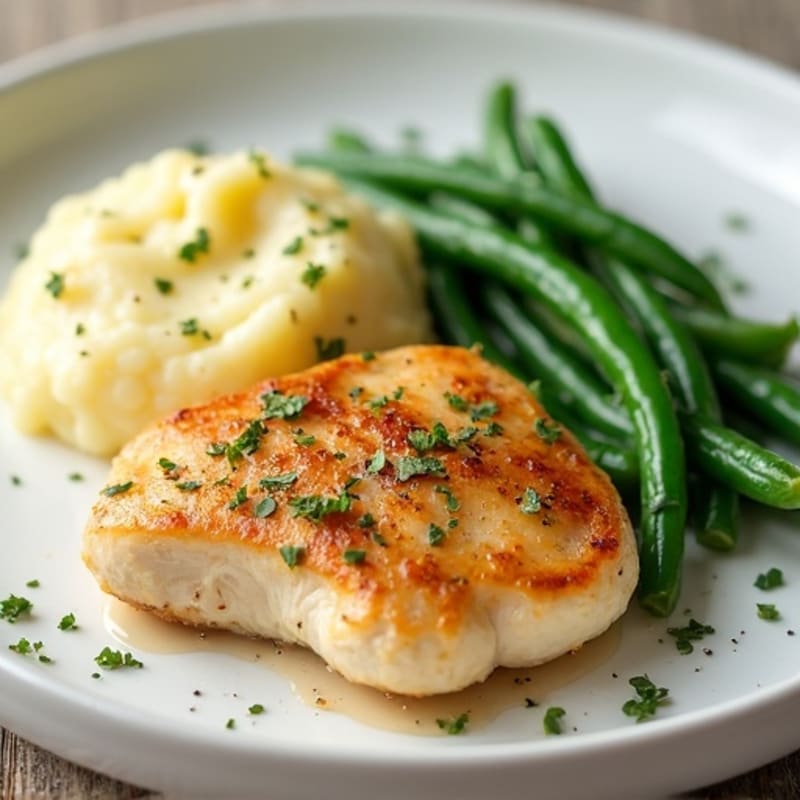 Buttery Garlic Pan-Seared Chicken with Creamy Mashed Potatoes and Steamed Green Beans