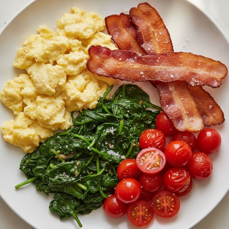Crispy Bacon and Soft Scrambled Eggs with Sautéed Spinach