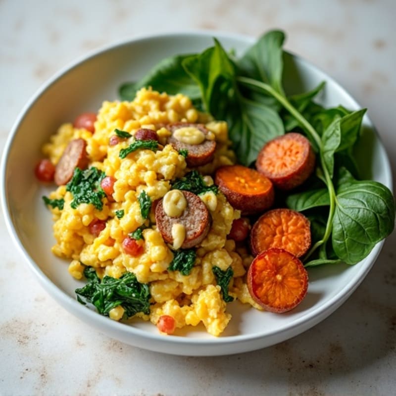Egg White and Turkey Sausage Scramble with Spinach and Roasted Sweet Potato