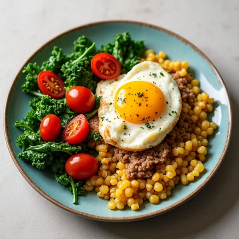 Egg White and Spinach Scramble with Sautéed Kale, Cherry Tomatoes, Liver & Ugali