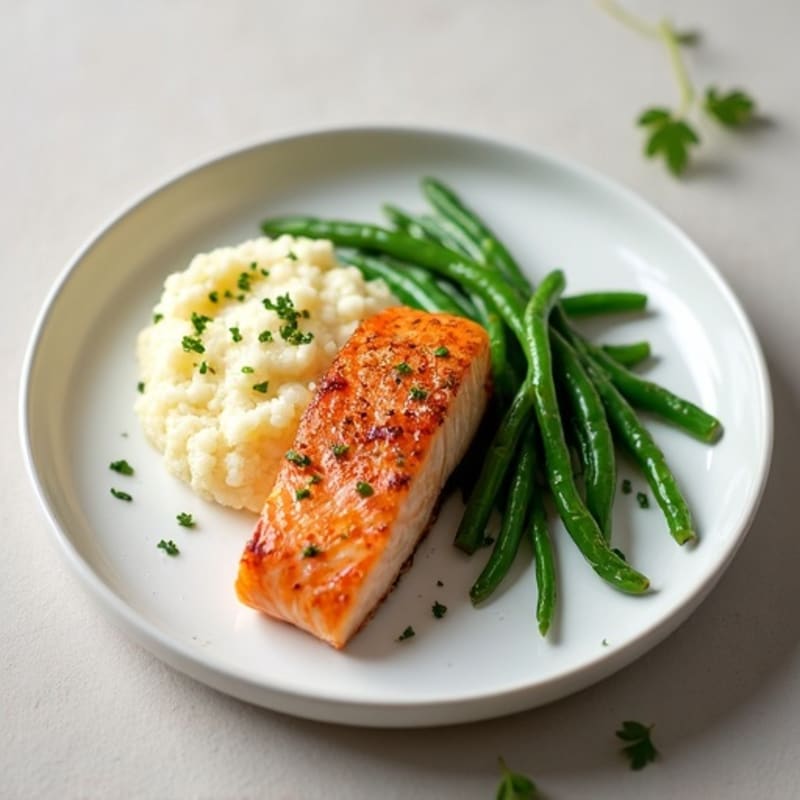 Seared Salmon with Steamed Green Beans and Cauliflower Mash