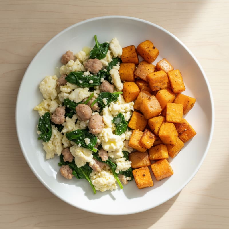 Egg White and Turkey Sausage Scramble with Spinach and Roasted Sweet Potatoes