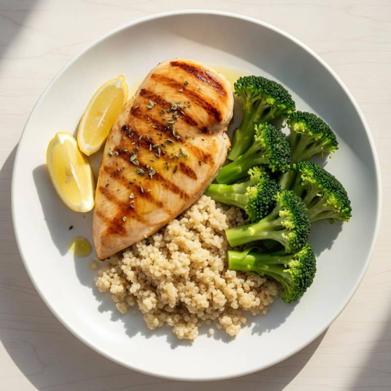 Grilled Chicken Breast with Quinoa and Steamed Broccoli