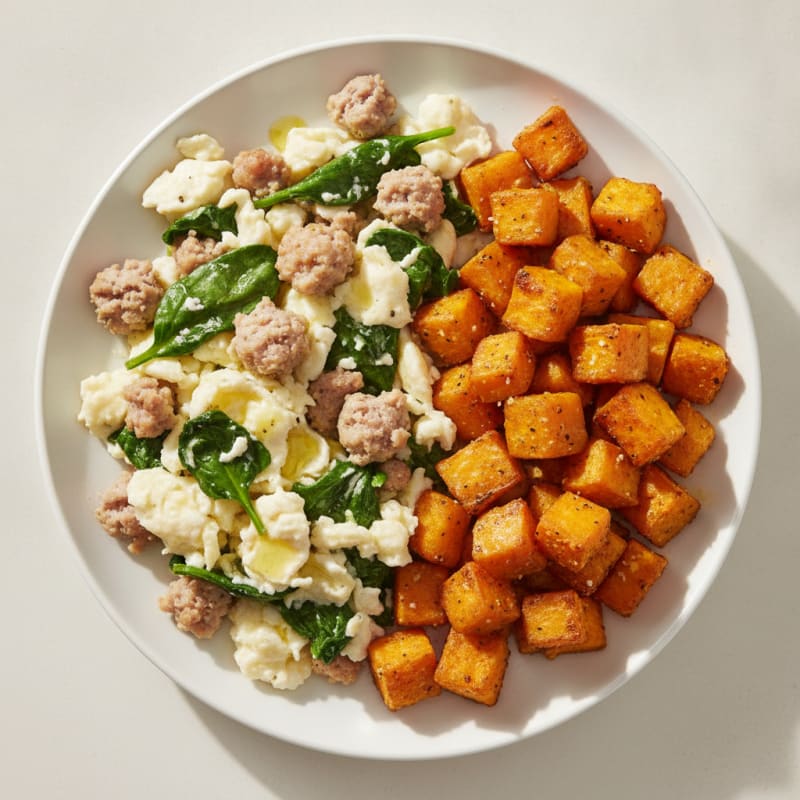 Egg White and Turkey Sausage Scramble with Spinach and Roasted Sweet Potato