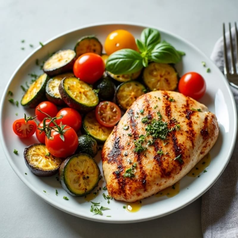 Roasted Eggplant, Zucchini, and Tomato with Fresh Herbs and Grilled Chicken