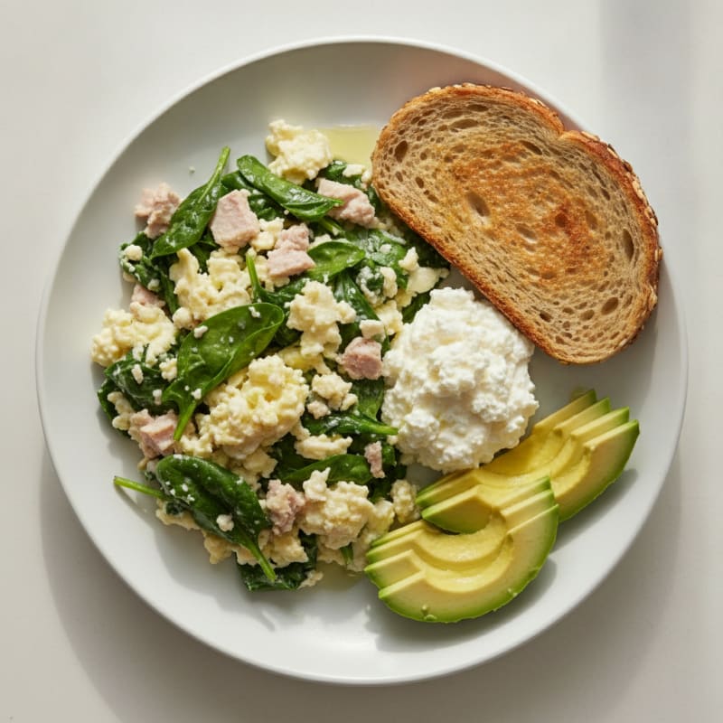Egg White and Spinach Scramble with Cottage Cheese and Sliced Turkey
