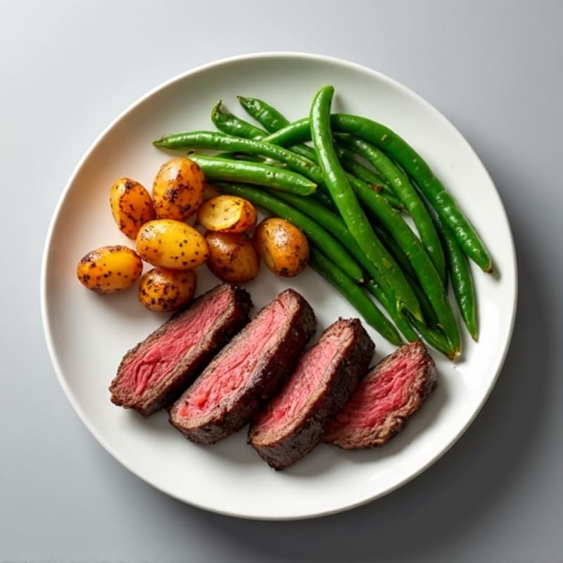 Seared Beef Strips with Roasted Potatoes and Steamed Green Beans