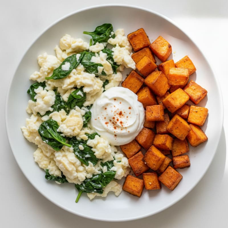 Egg White and Spinach Scramble with Greek Yogurt and Roasted Sweet Potato