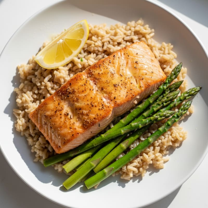 Seared Salmon with Steamed Asparagus and Brown Rice