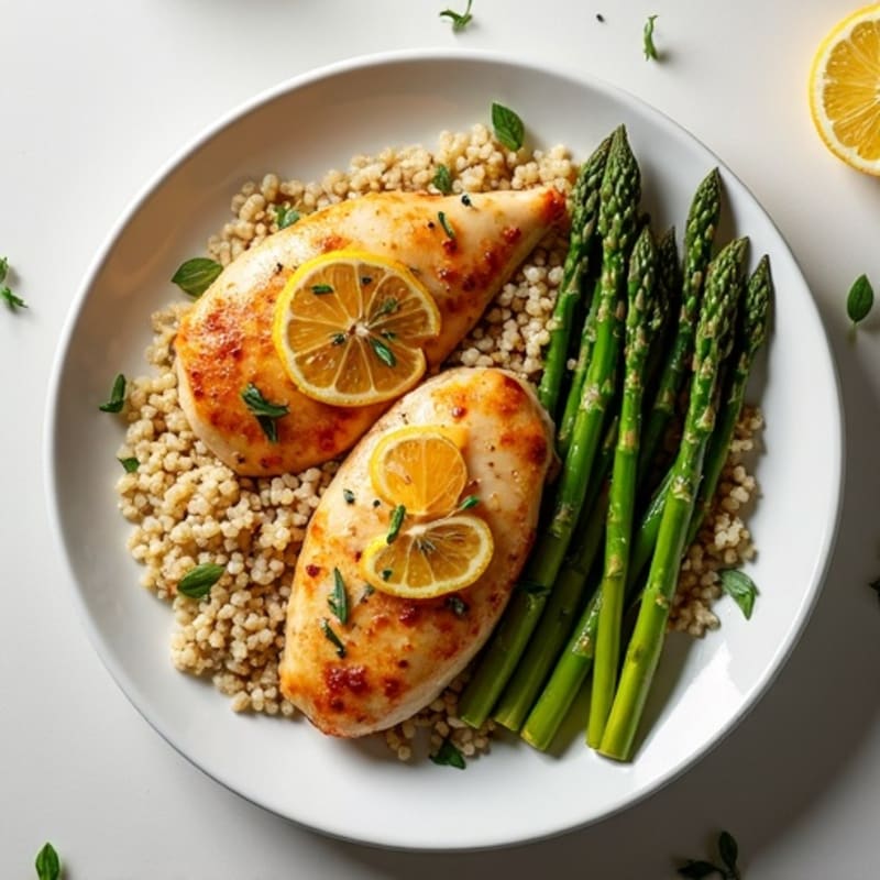 Crispy Lemon Herb Roasted Chicken with Roasted Asparagus and Quinoa