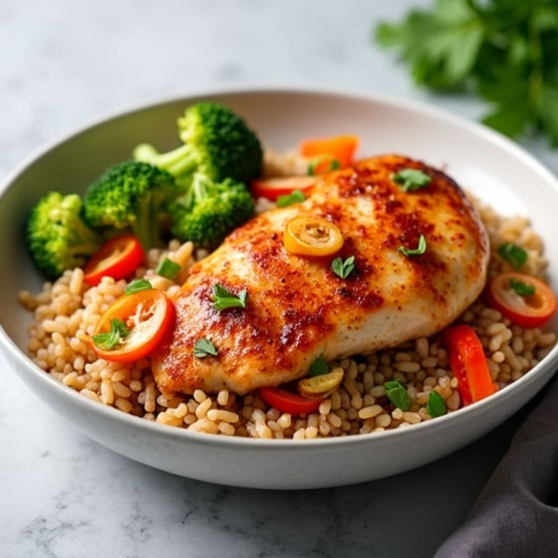 Kimchi Brown Rice Stir-Fry with Seared Chicken and Crisp Vegetables