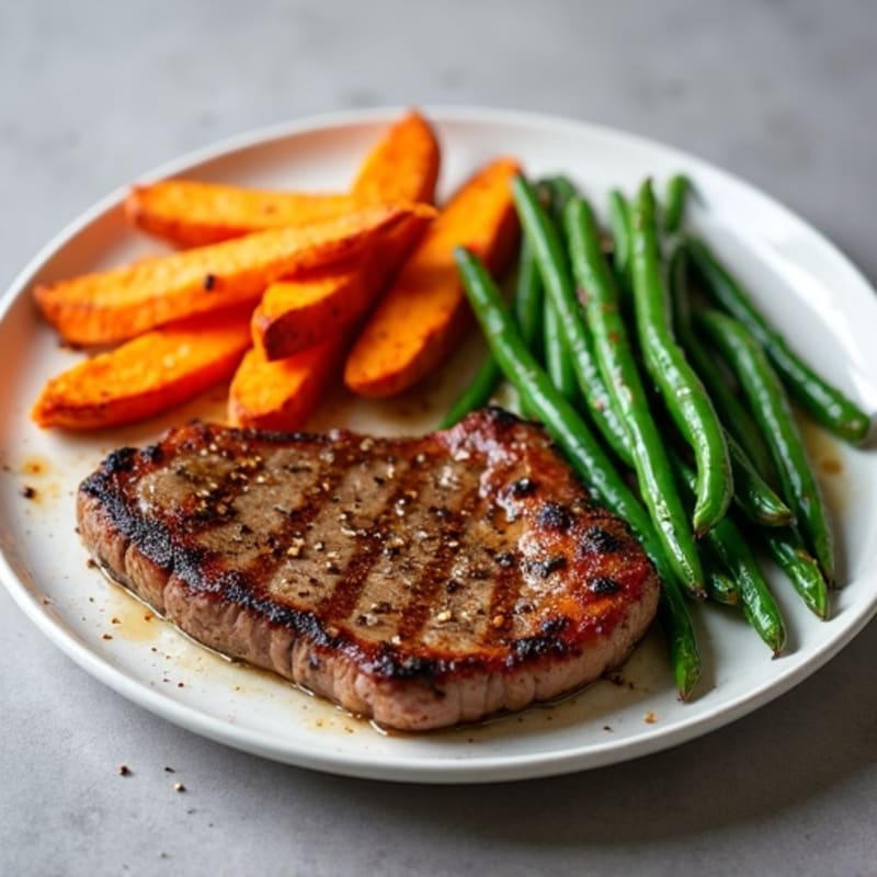 Pan-Seared Steak with Crispy Roasted Sweet Potato Fries and Garlic Green Beans