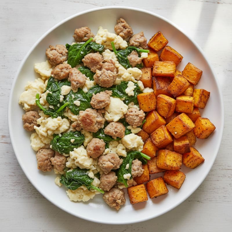 Egg White and Turkey Sausage Scramble with Spinach and Roasted Sweet Potatoes