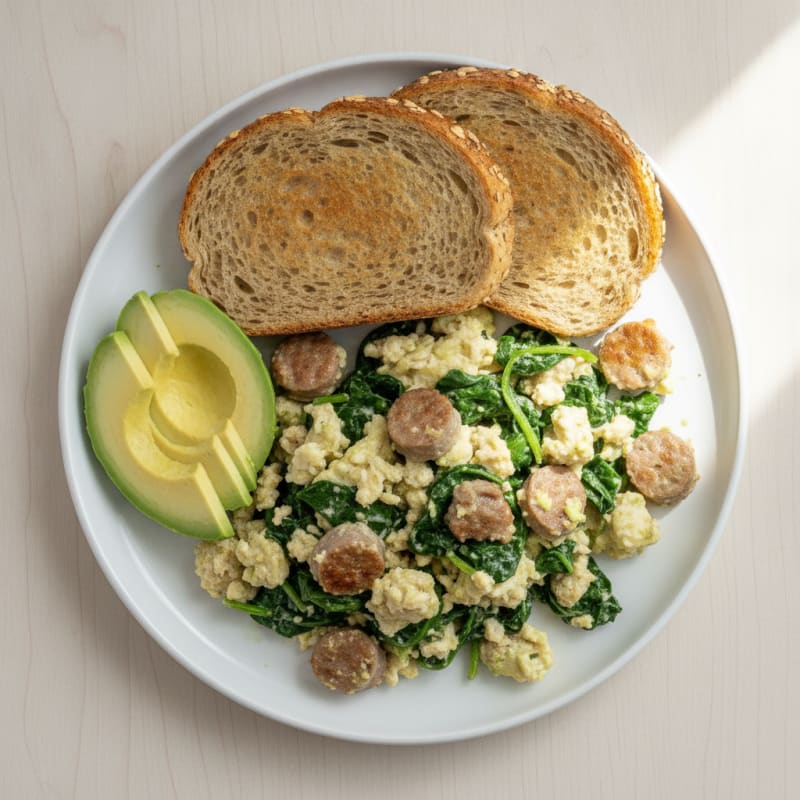 Egg White and Turkey Sausage Scramble with Sautéed Spinach