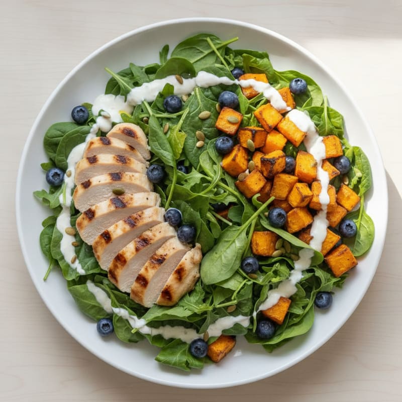 Grilled Chicken and Roasted Sweet Potato Salad with Mixed Greens