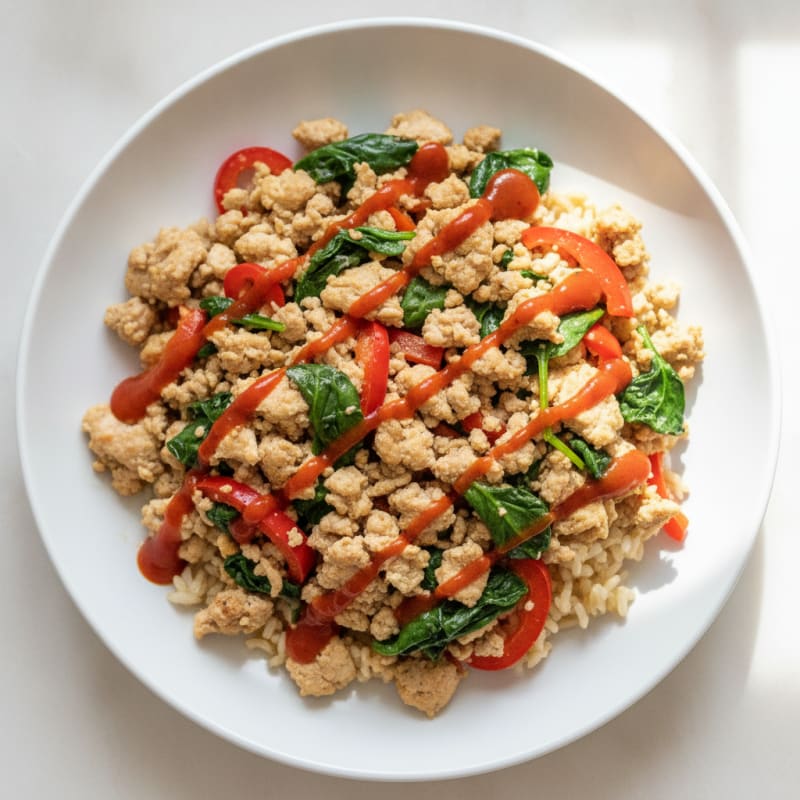 Egg White and Ground Turkey Scramble with Spinach and Bell Peppers