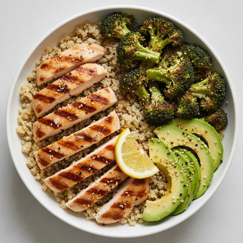 Grilled Chicken and Quinoa Bowl with Roasted Broccoli