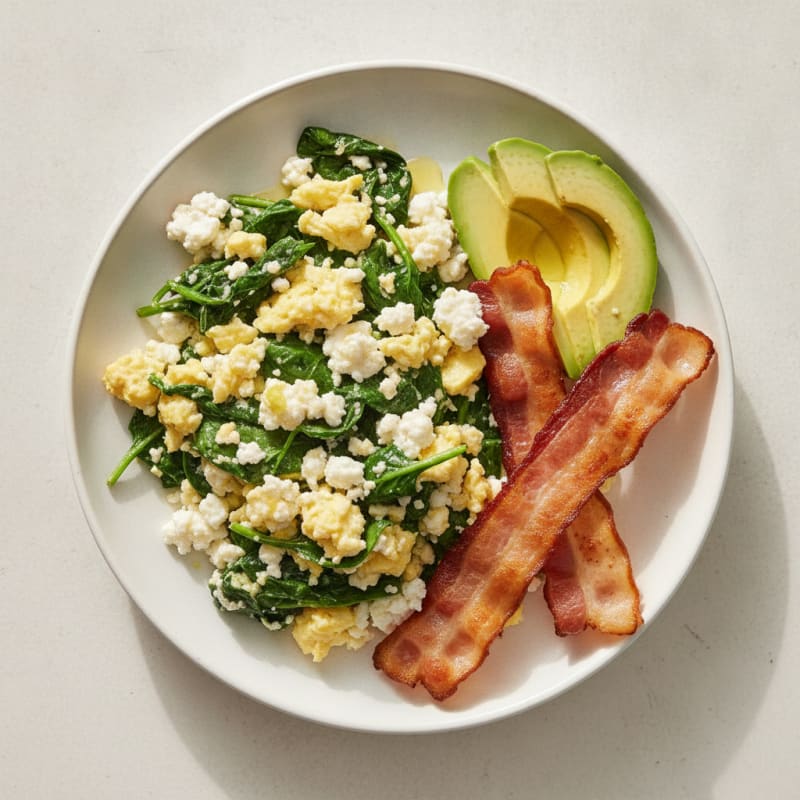 Cottage Cheese Egg Scramble with Spinach and Turkey Bacon
