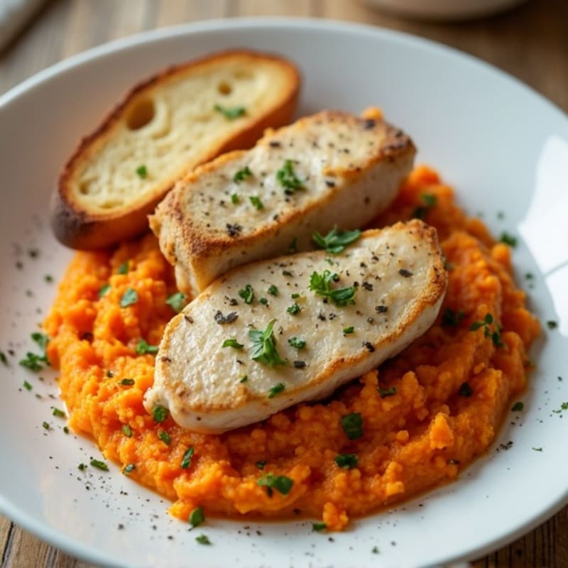 Herb-Roasted Chicken Breast with Garlic Sweet Potato Mash