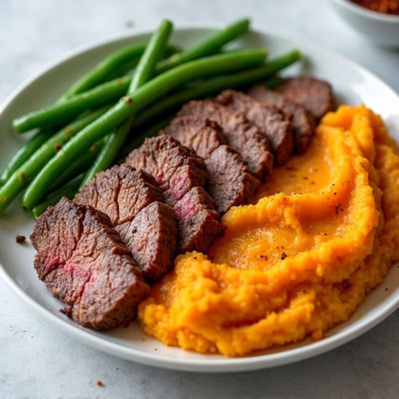 Seared Lean Beef Strips with Green Beans and Mashed Sweet Potato