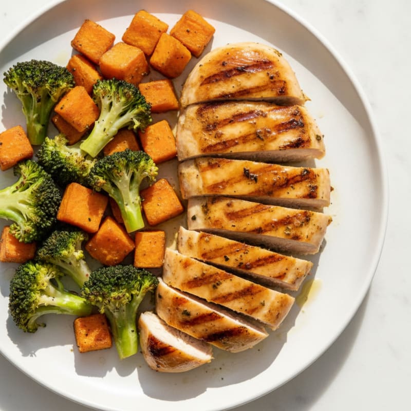 Grilled Chicken Breast with Roasted Sweet Potato and Broccoli