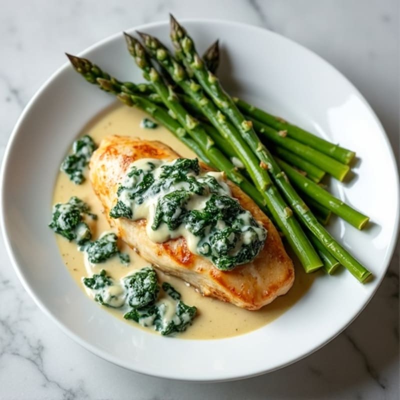 Creamy Spinach Artichoke Chicken with Roasted Asparagus