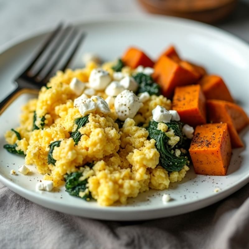 Fluffy Egg Scramble with Spinach and Roasted Sweet Potato