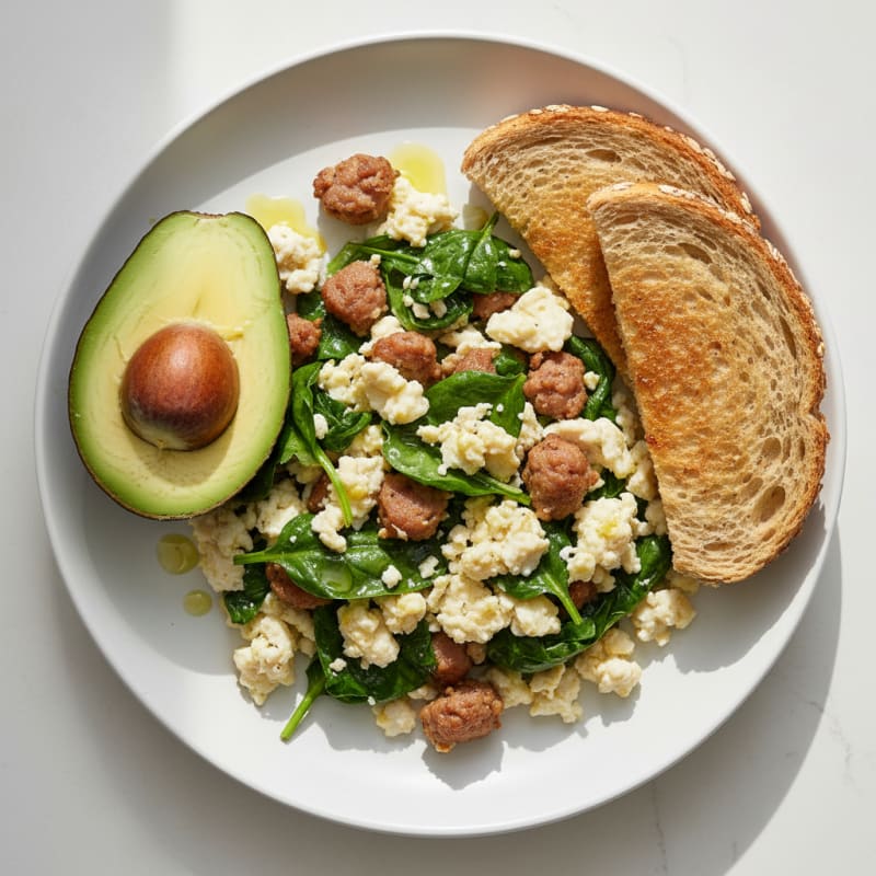 Egg White and Turkey Sausage Scramble with Sautéed Spinach