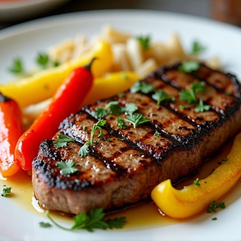 Grilled Citrus-Herb Steak with Roasted Bell Peppers and Onions