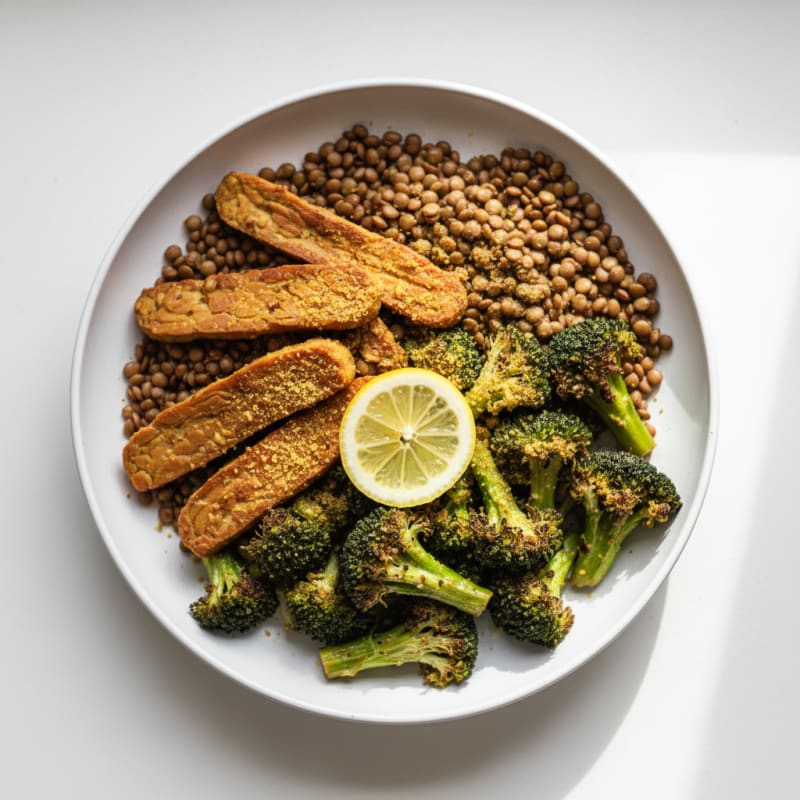 Grilled Tempeh and Lentil Power Bowl with Roasted Broccoli