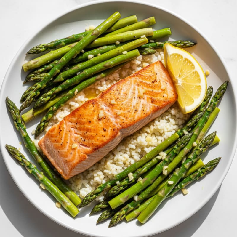 Seared Salmon with Lemon Garlic Asparagus and Cauliflower Rice