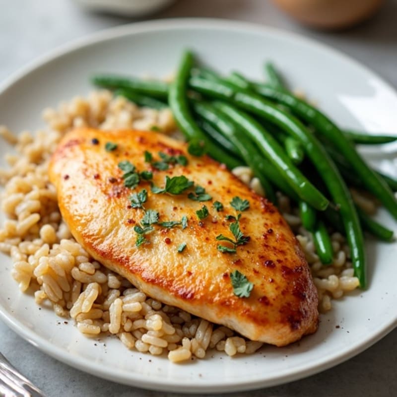 Seared Chicken Breast with Garlic Brown Rice and Steamed Green Beans