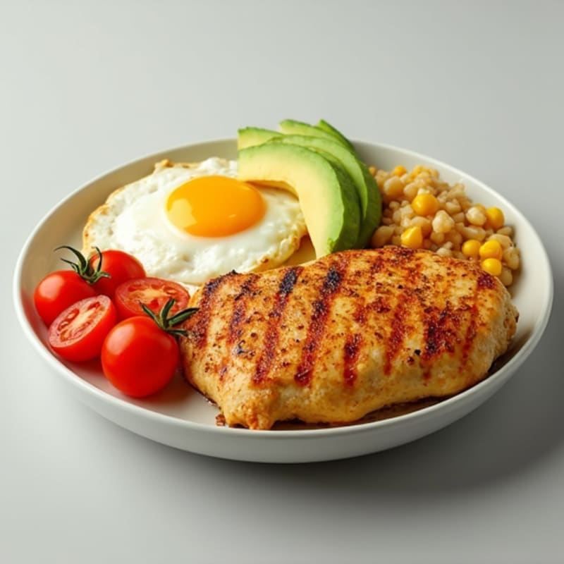 Grilled Chicken with Scrambled Eggs, Tomato-Onion Mix, Rice with Corn, Avocado, and Fresh Chili