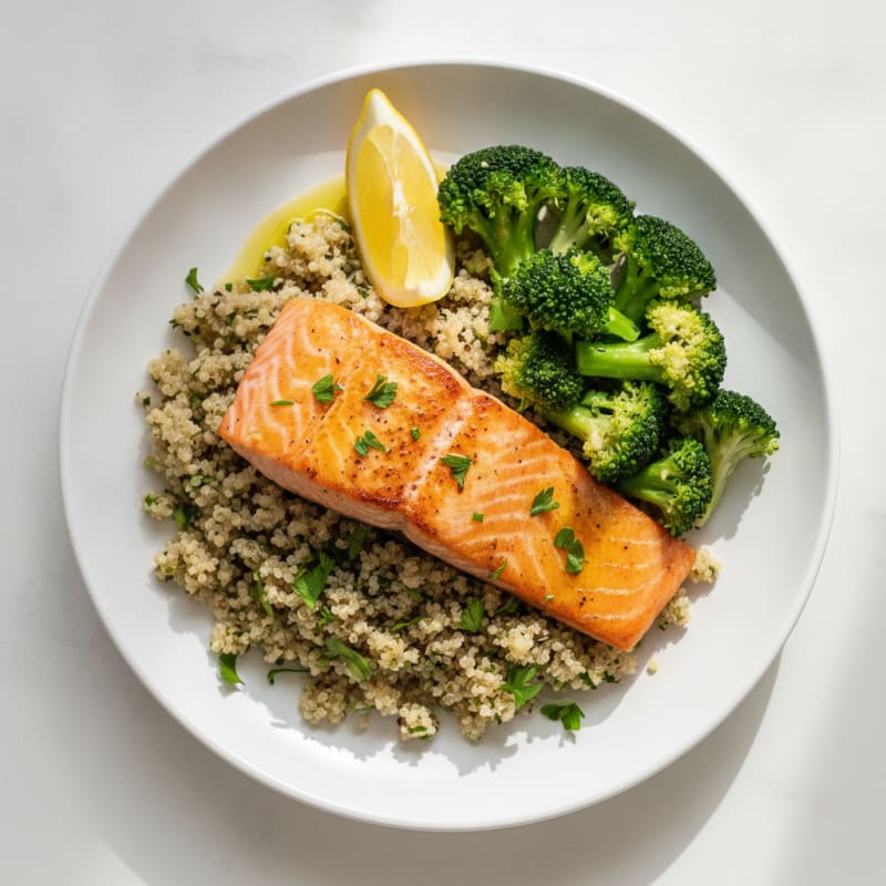Seared Salmon Fillet with Steamed Broccoli and Herbed Quinoa