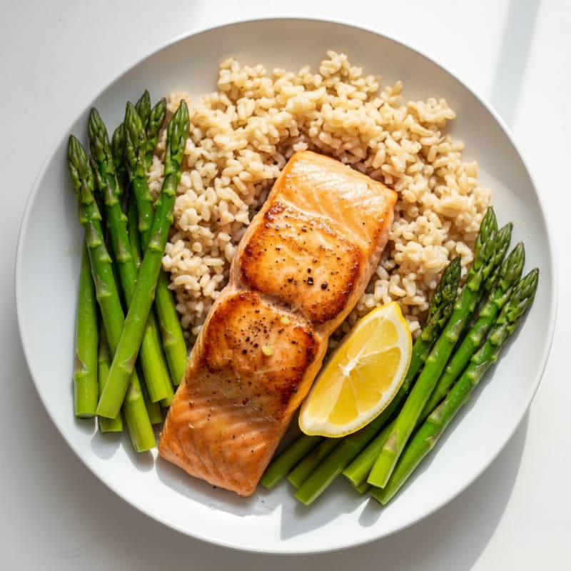 Seared Salmon with Steamed Asparagus and Brown Rice