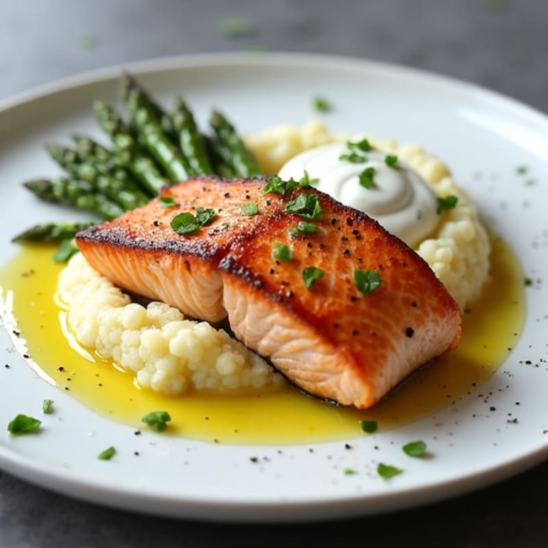 Seared Salmon with Steamed Asparagus and Cauliflower Mash