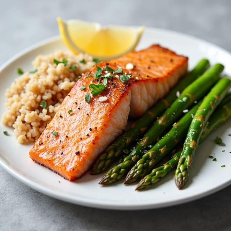 Seared Salmon Fillet with Steamed Asparagus and Brown Rice