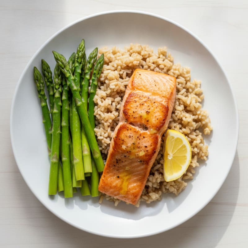 Seared Salmon Fillet with Steamed Asparagus and Brown Rice