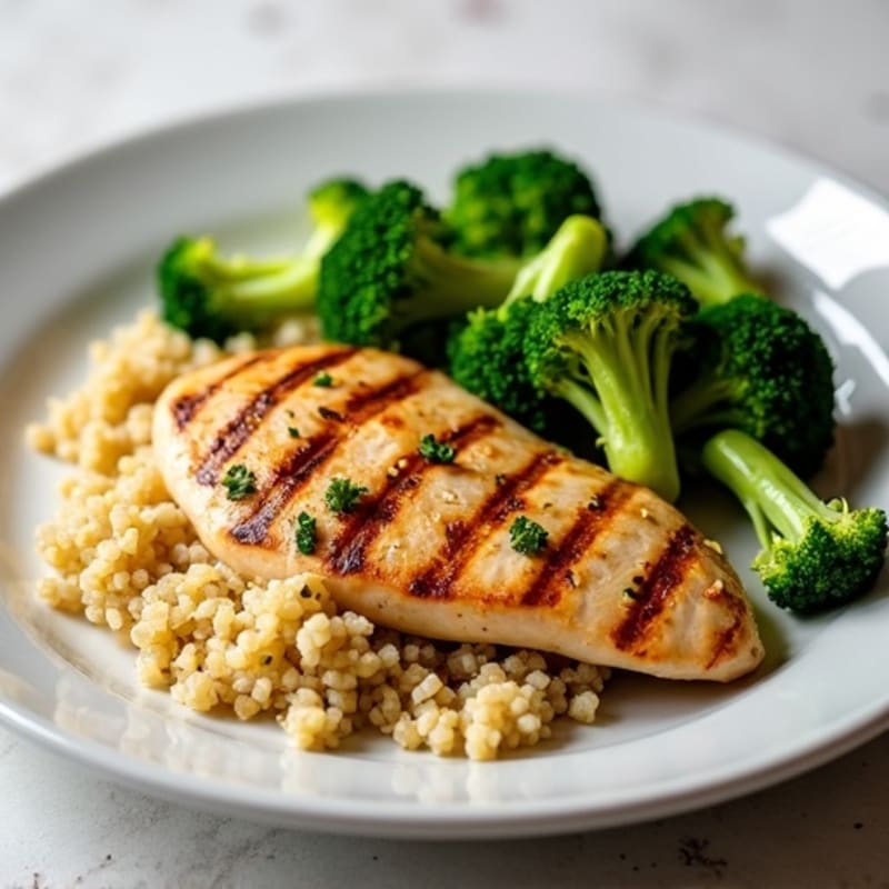 Grilled Chicken Breast with Steamed Broccoli and Quinoa
