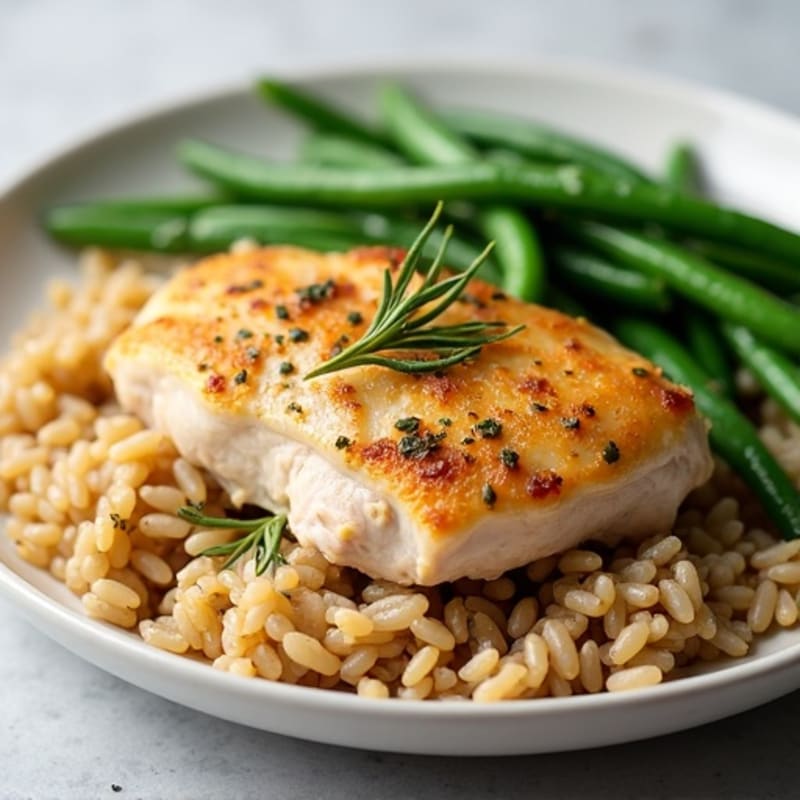 Herb-Roasted Chicken with Brown Rice and Steamed Green Beans