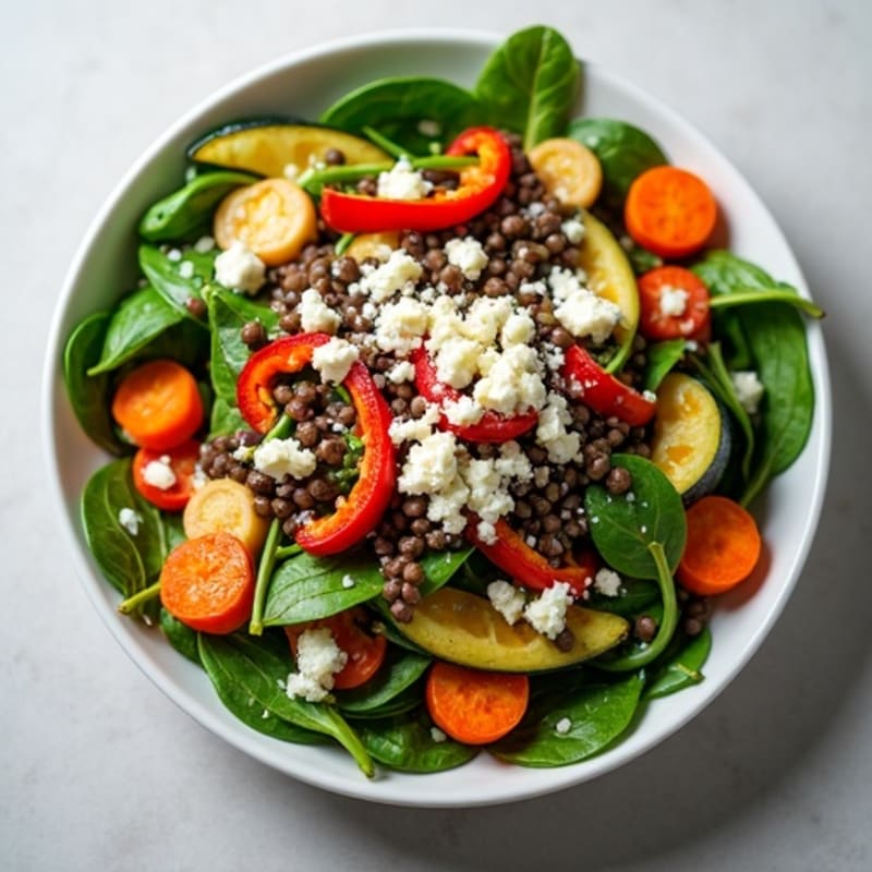 Warm Steamed Lentil and Spinach Salad with Roasted Vegetables