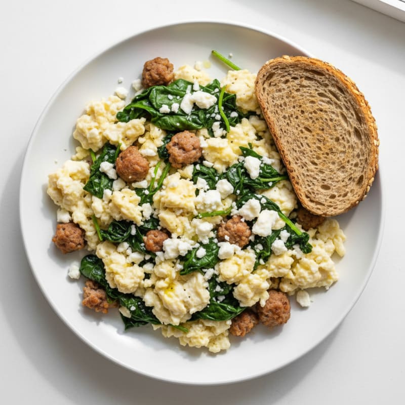 Egg White and Turkey Sausage Scramble with Sautéed Spinach and Feta