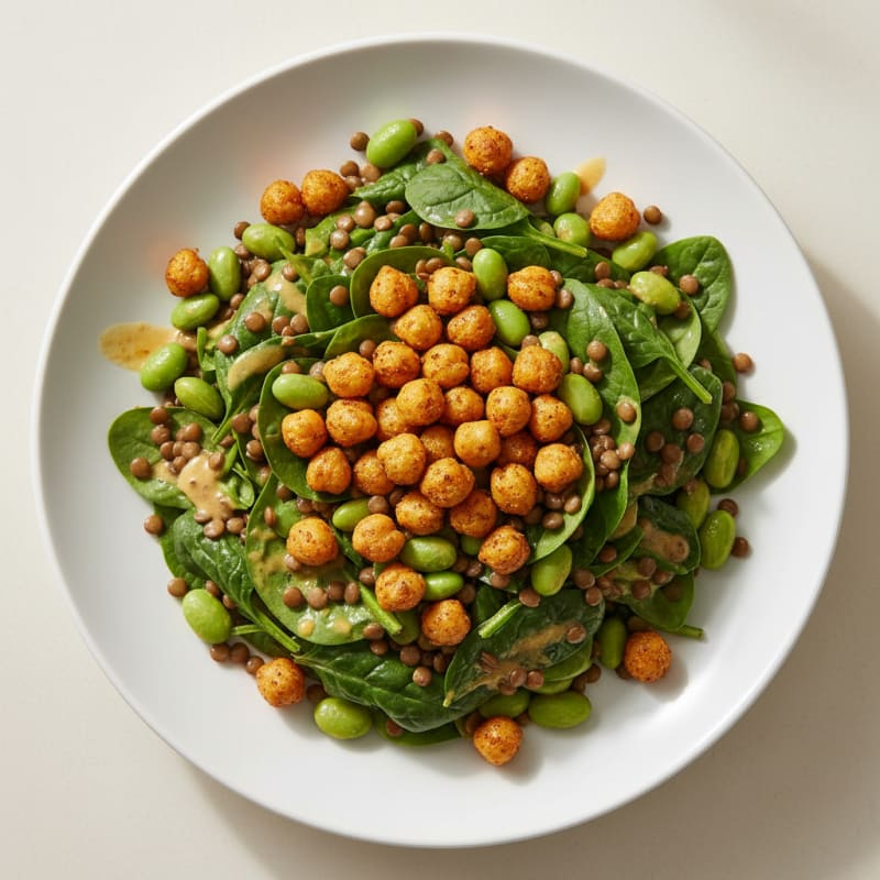Crispy Lentil and Edamame Salad with Roasted Chickpeas