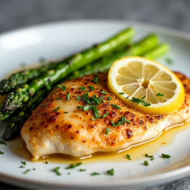 Lemon Garlic Pan-Seared Chicken with Crispy Roasted Asparagus