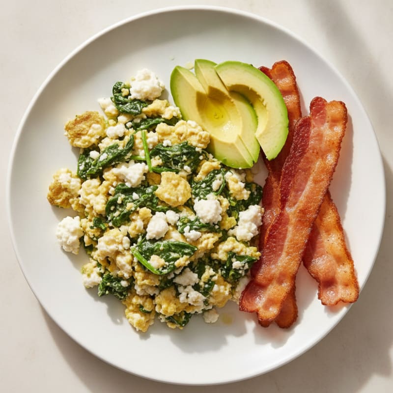 Cottage Cheese Egg Scramble with Spinach and Turkey Bacon