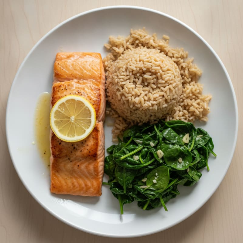 Seared Salmon with Garlic Spinach and Brown Rice