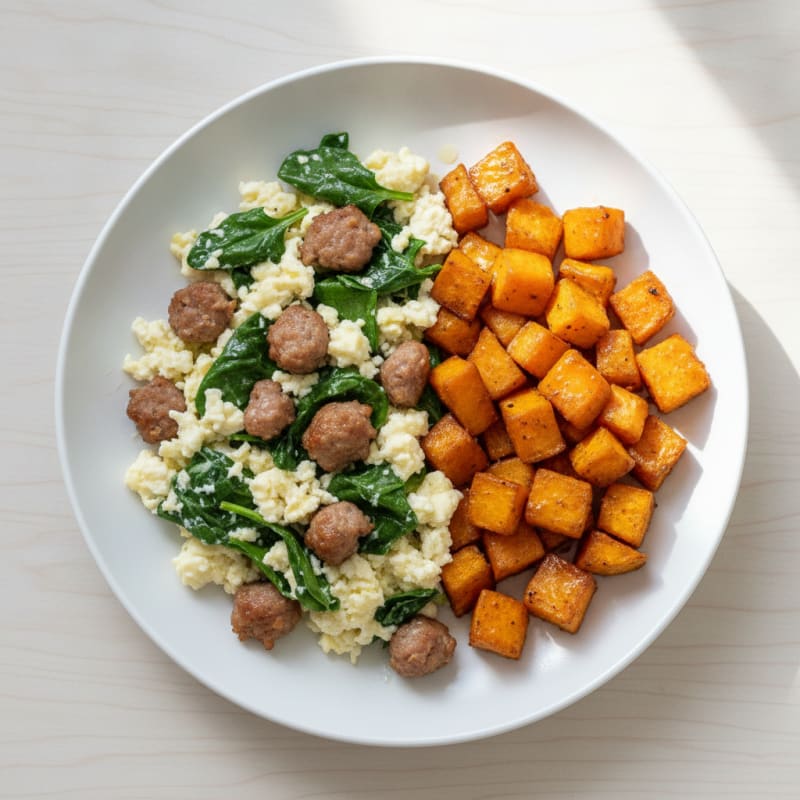 Egg White and Spinach Scramble with Turkey Sausage and Roasted Sweet Potatoes