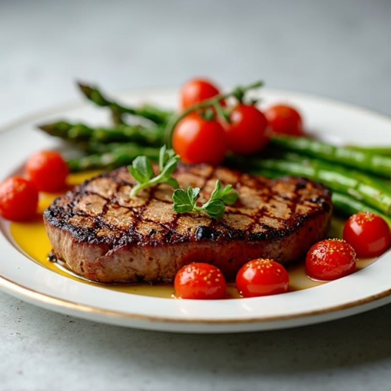 Pan-Seared Steak with Roasted Asparagus and Cherry Tomatoes