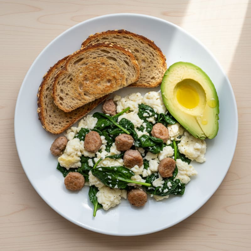 Egg White Scramble with Turkey Sausage and Spinach