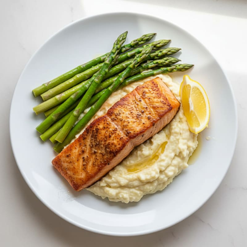 Seared Salmon Fillet with Steamed Asparagus and Garlic Mashed Cauliflower